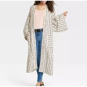 Universal Thread Women's Size OSFM Kimono Duster Coat Cream Gray Stripe Midi